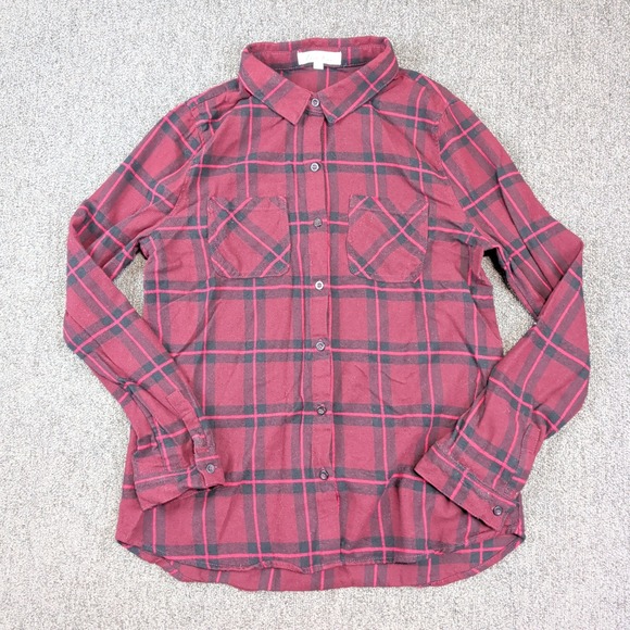 Love Tree Grunge Plaid Button Down Shirt 1X Burgundy 100% Cotton Cabin Core Top — photo 2